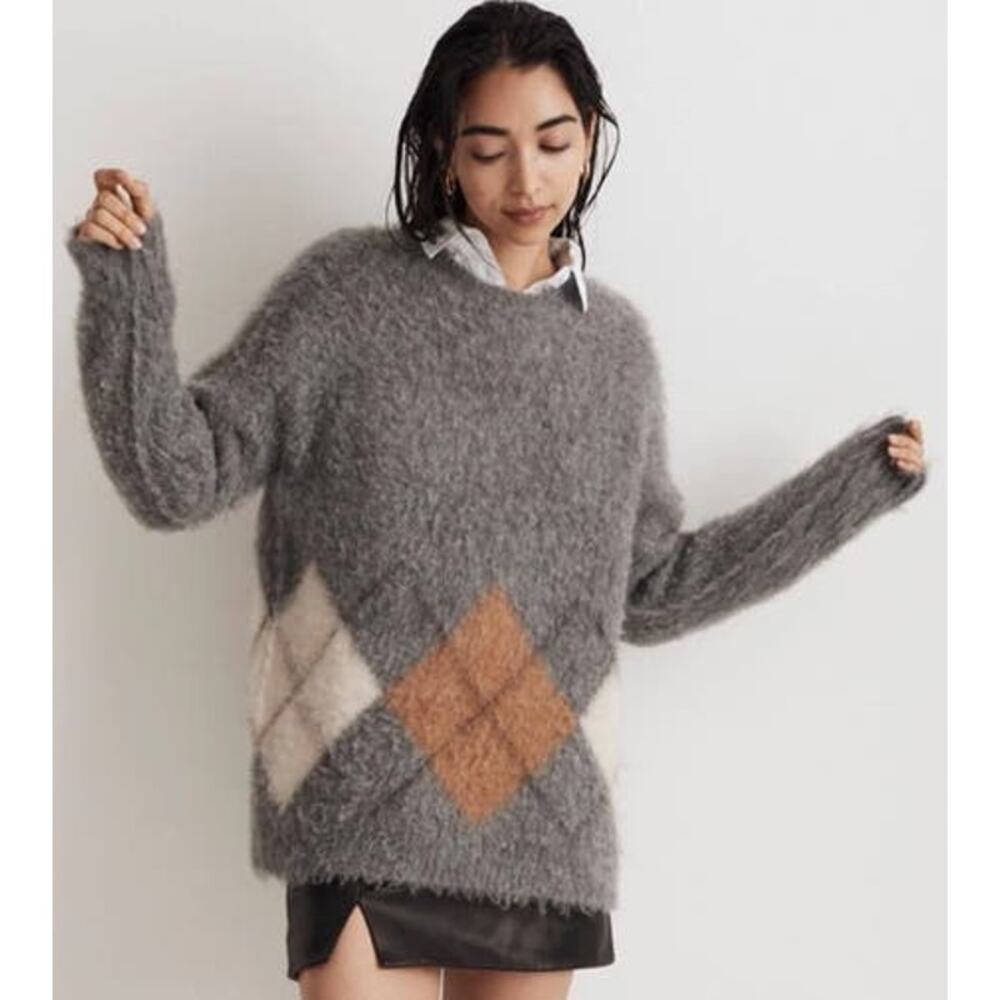 Madewell Brushed Argyle Crewneck Alpaca Wool Blend Sweater US Women's S New
